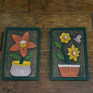Vintage 1970s Floral Wall Art Set with Green Frames relief wood Carved folk art